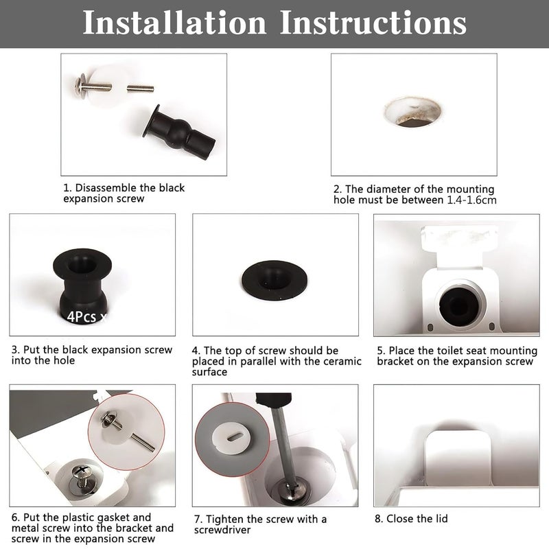 SelfTek 4 Pack Toilet Seat Bolts, Hinge Bolt Screws Toilet Seat Fixings Fix Expanding Rubber Top Nuts Screws Mount Seat Hardware Replacement Parts Kit (for 14-16mm hole toilet seats) - Image 5